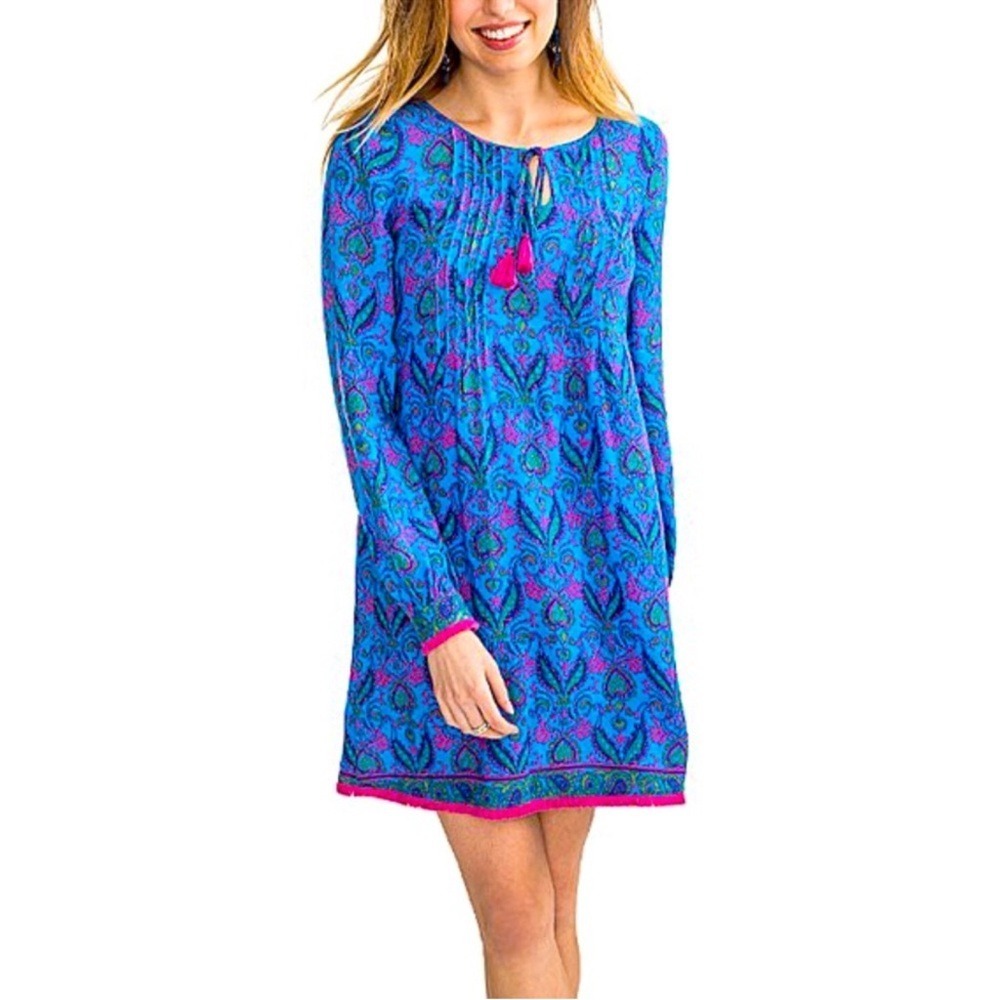 Southern Tide Brilliant Blue Tunic Tassel Paisley Dress Blue Pink Sz medium